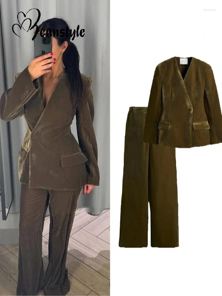Women's Two Piece Pants Casual Velvet Blazer Trouser Suits Women Fashion V-Neck Single Button Coat Wide Leg Set Female 2025 Chic 2 Pieces