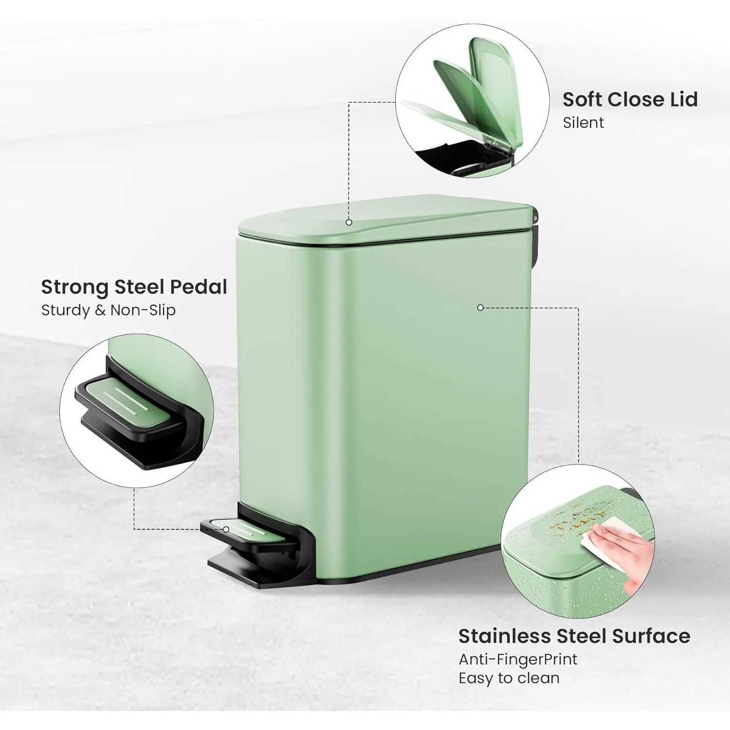 Small bathroom trash can with lid soft lid foot pedal 6 liters/16 gallons stainless steel matte green C251120