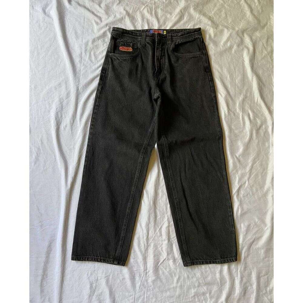 Empire Cowboy Skateboard Solid Black Big Boy Jeans Embroidered Durable Straight Loose Pants