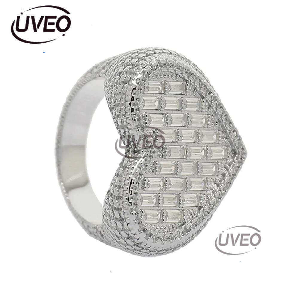 Big Heart Shaped moissanite Dia 14k gold Full Paved White Baguette CZ Iced Out Bg Square Cubic Zircon Fashion Lover Jewelry Sier Ring for Women Men