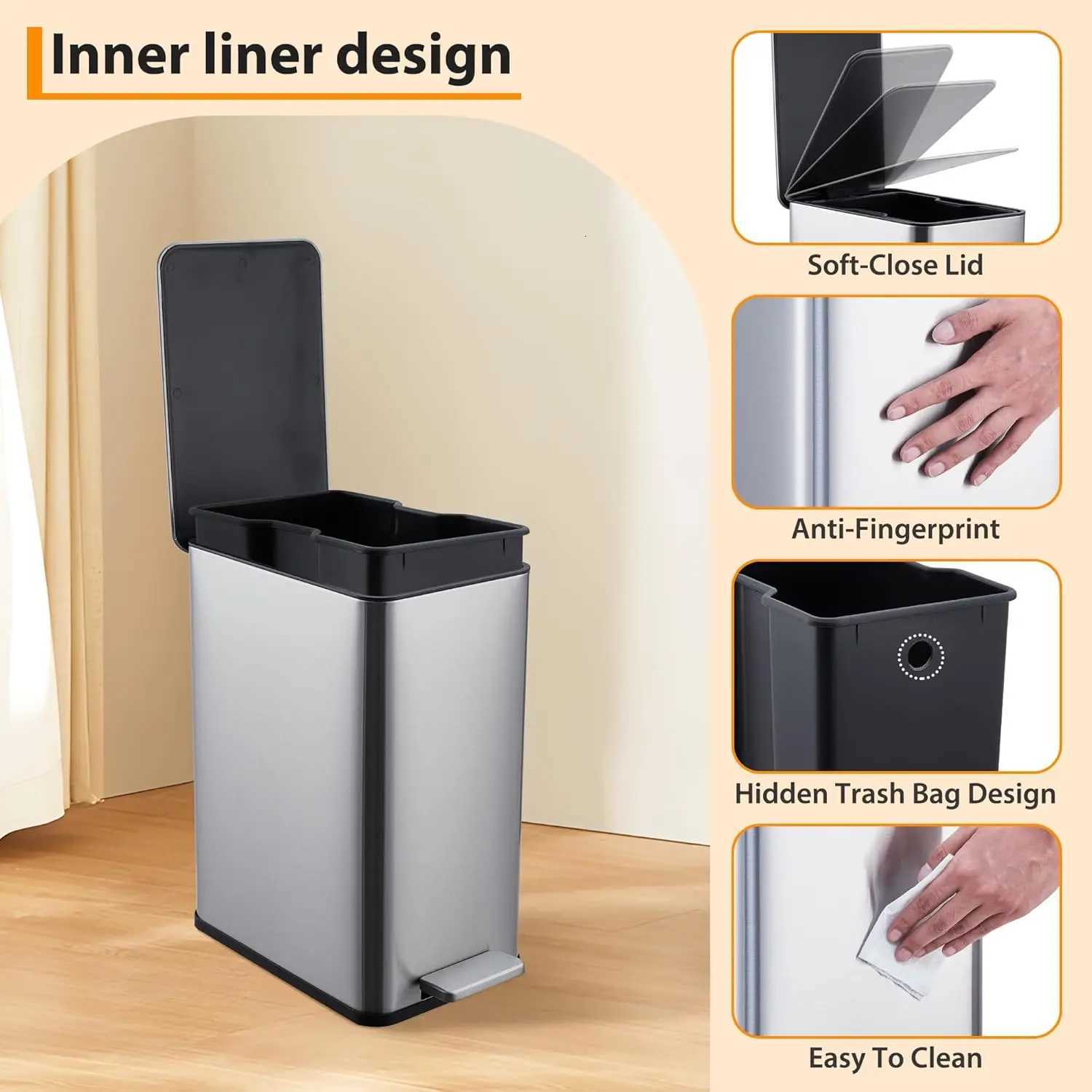 26 Gallon 10 L Trash Can Stainless Steel Kitchen Garbage Can Recycling or Waste Bin Soft Close Step-On Pedal Silver C251120