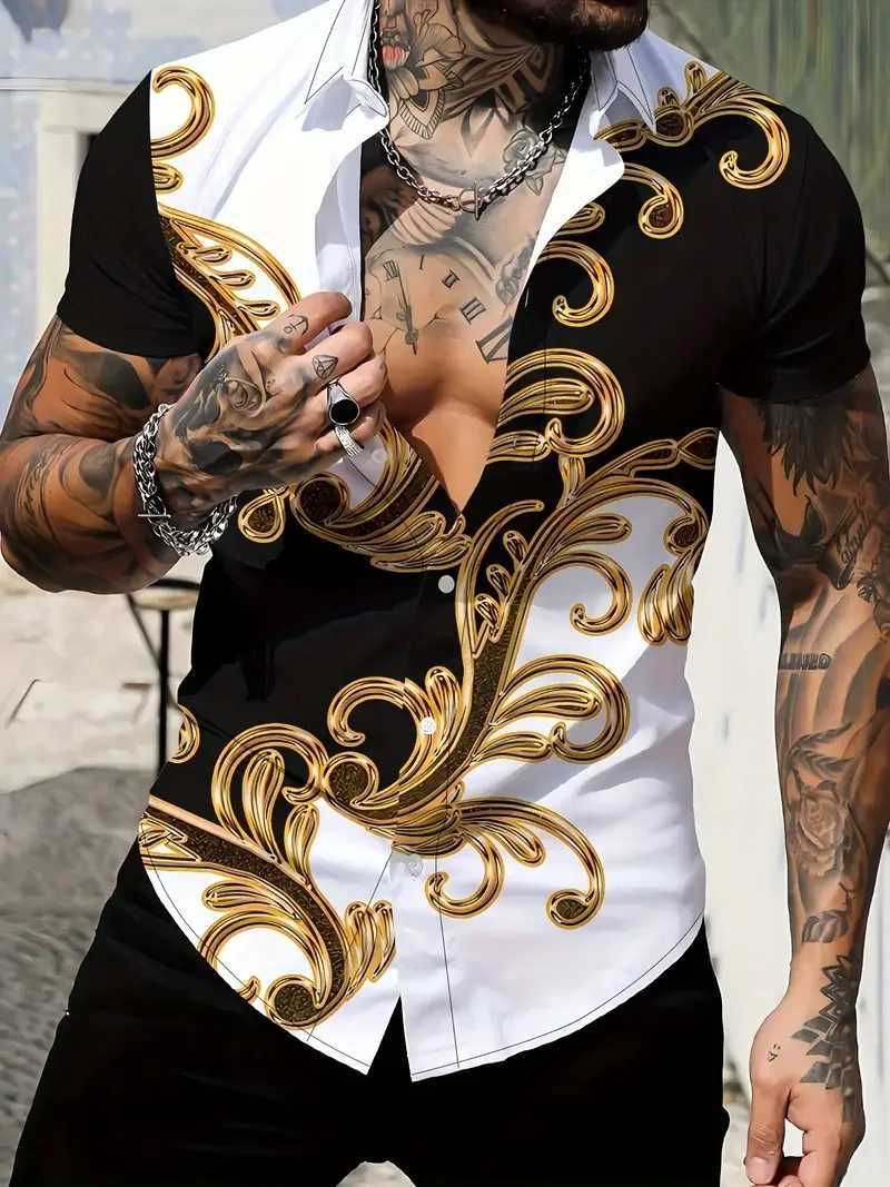 Retro mens short sleeved shirt with luxurious gold Baroque chain pattern suitable for summer banquet street wearM251120