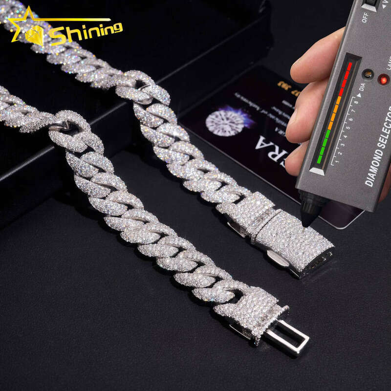 US Warehouse Fast Shipping 15mm Sterling Sier Hip Hop Jewelry Iced Moissanite Mosaic Inlaid Cuban Chain