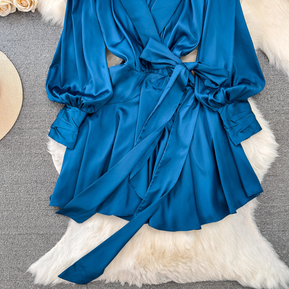 Women Senior Satin Sexy Dress Fashion Deep V Neck Bandage French Spring Lantern Sleeve Pleated Wrap Dress 241116