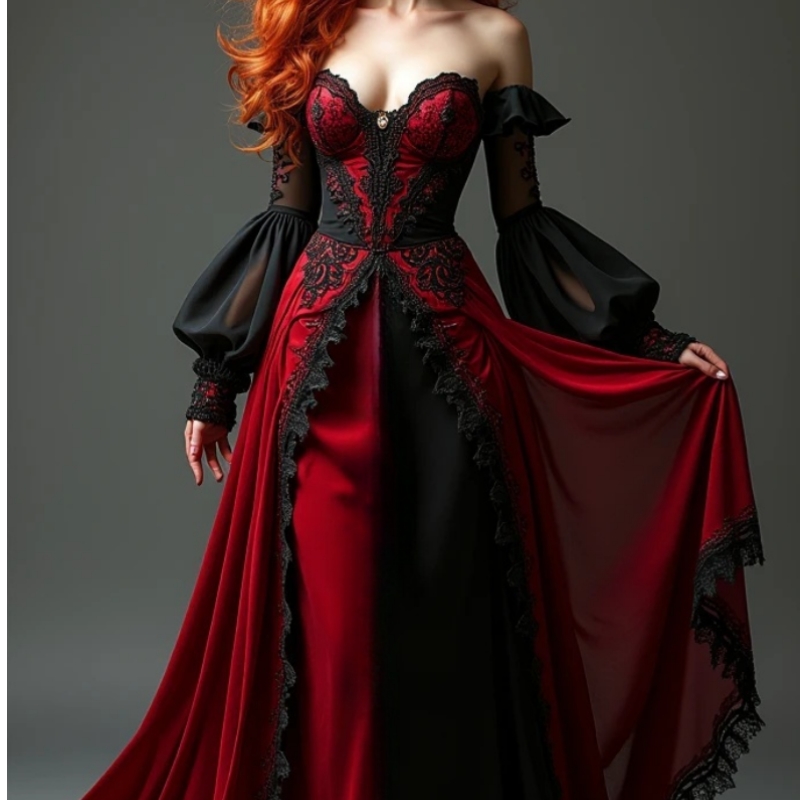 Vintage Black And Red Gothic Prom Dress Sweetheart Lantern Long Sleeves Off Shoulder Corset Medieval Evening Gowns Lace Appliques Contrast Color Vesti