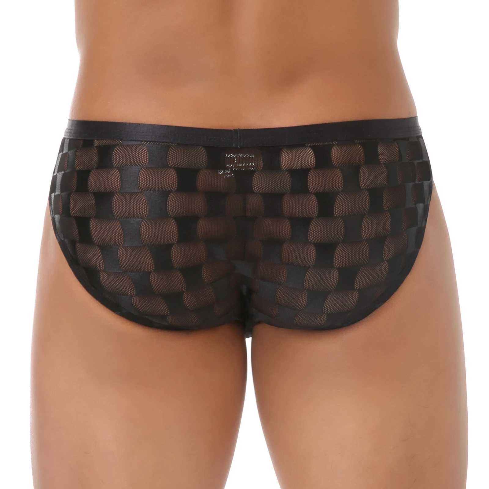 Sexy Mens Underwear Briefs Man Underpants Mesh Sheer Panties Bikini Ultra-thin Slips hombre Transparent Checkered BriefW251120
