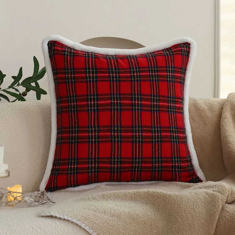 Pillow Case Christmas Red Plaid Decorative Cushion Cover White Plush Edge case for Living Room Sofa Bedroom Soft Cover Xmas C251120