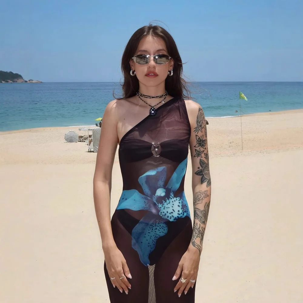 Womens Clothing Summer Slim One Shoulder Sleeveless Printed Perspective Contrast Color Dress Elegant Party 250420