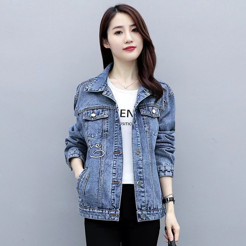 New denim jacket womens spring Hong Kong style loose and versatile embroidered letter long sleeved mid length jacket 201106