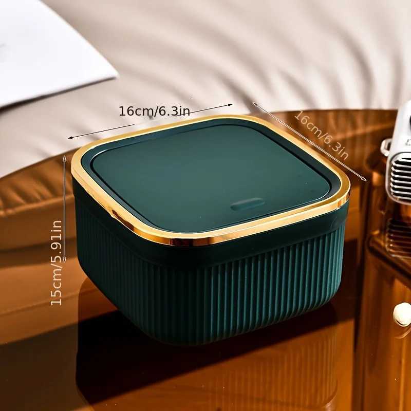 Square Press Type Mini Trash Can Quiet Close Elegant Ribbed Design with Golden Accents Plastic Desktop Bin Bathroom Home Use C251120