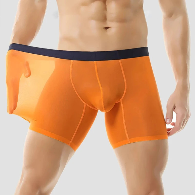 Sexy Mens Underwear Ice Silk Ultra Thin Long Leg Boxing Shorts Breathable Raised Pocket Length 250417