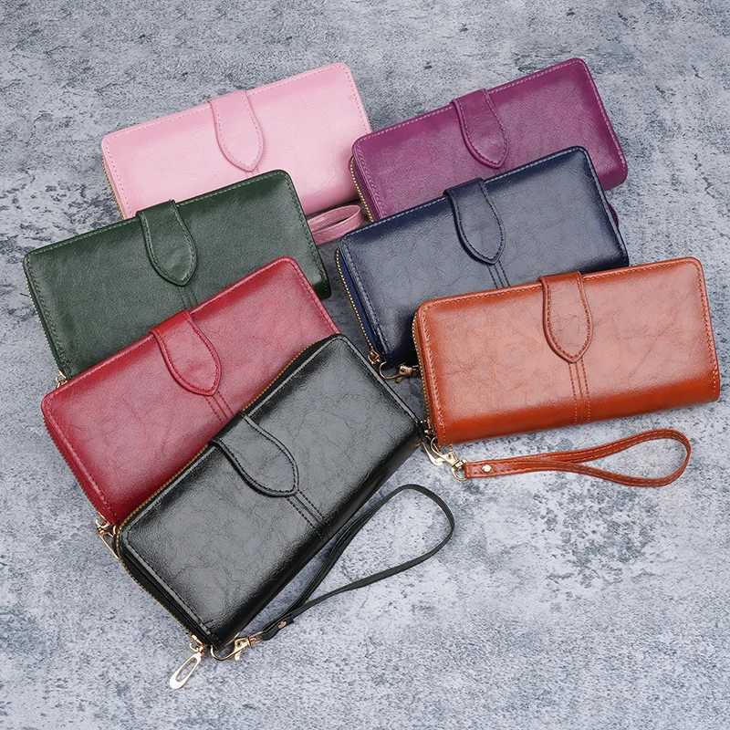 Hot selling cross-border oil wax zipper wallet for women European and American retro card bag large capacity mobile phone bagW251120