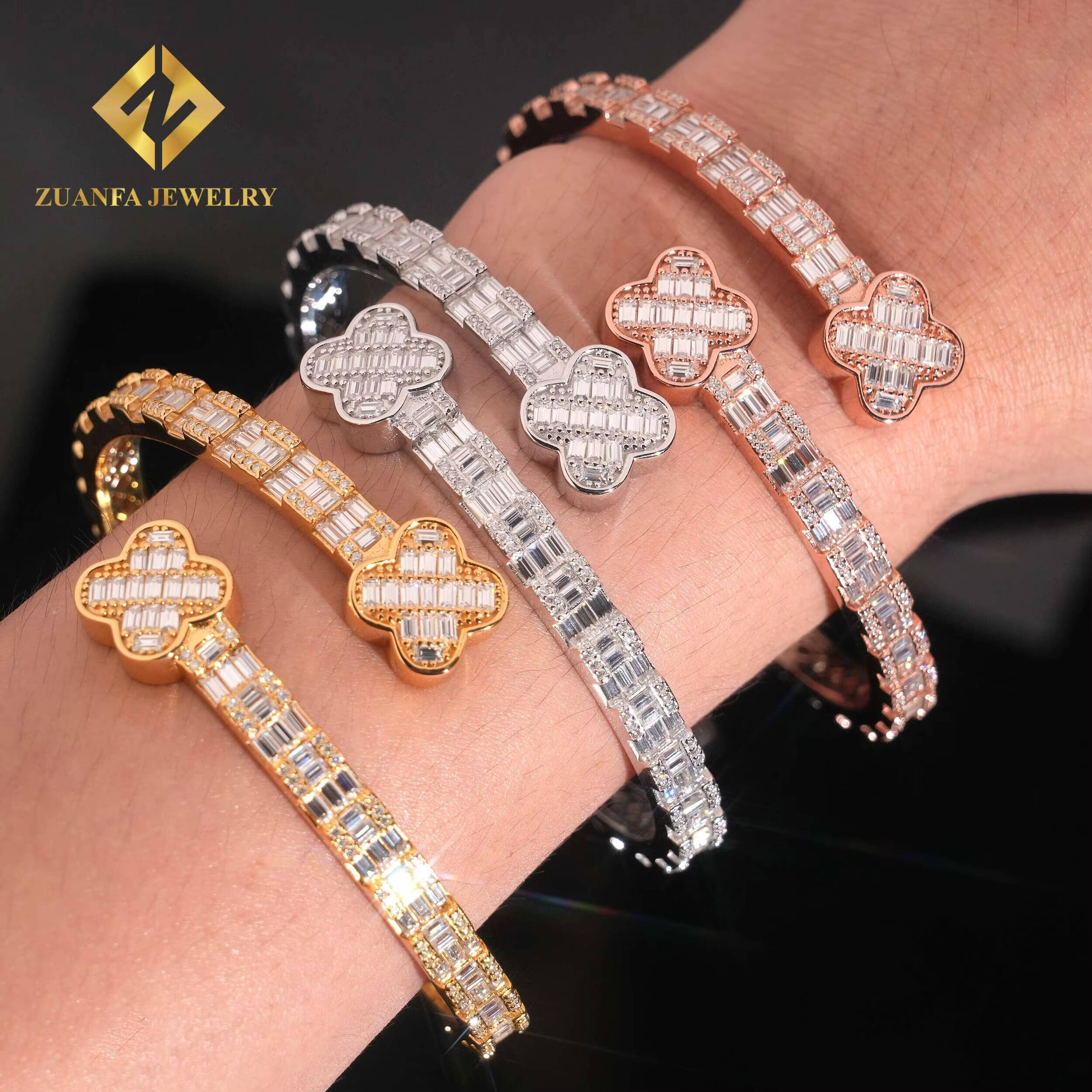 Luxury Jewelry 925 Sterling Silver Ajustable Openable Clover Four-Leaf Flower Bangle Bracelets Baguette Diamond Vvs Moissanite