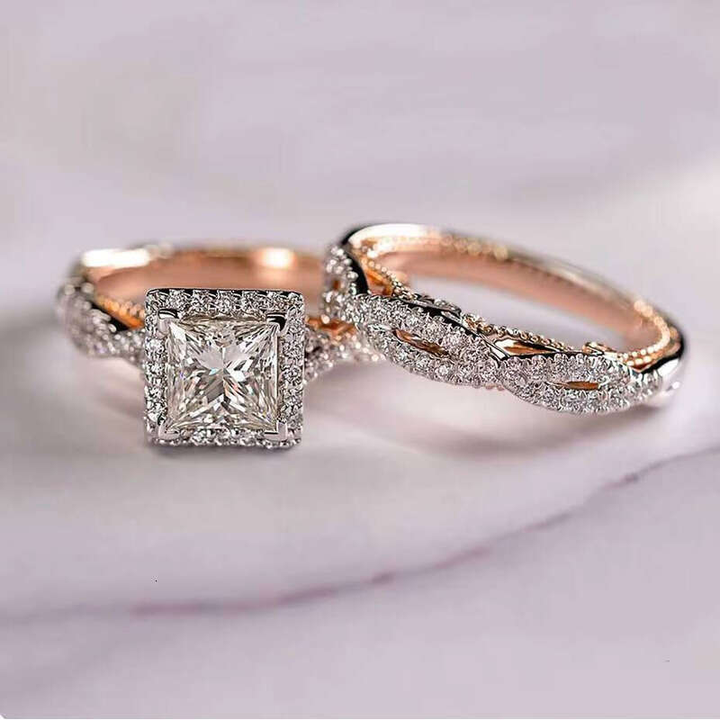 2pcs Grass Stone Engagement hip-hop moissanite Women's Valentine Party Jewelry Silver/Rose Gold Plated Unisex Wedding Ring Set - view 7