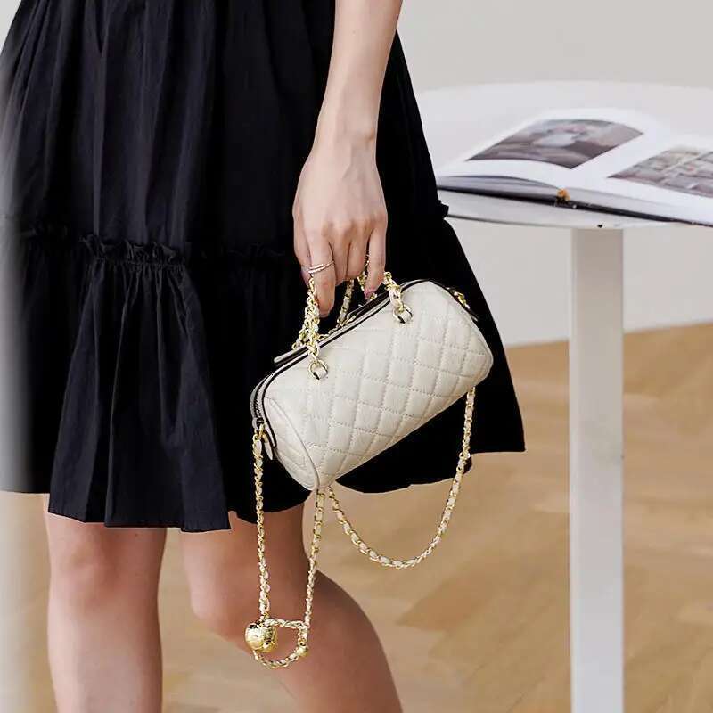 WOONAM Women Fashion Handbag Genuine Calf Leather Quilited Stich Check Barrel Chain Shoulder Crossbody Bag