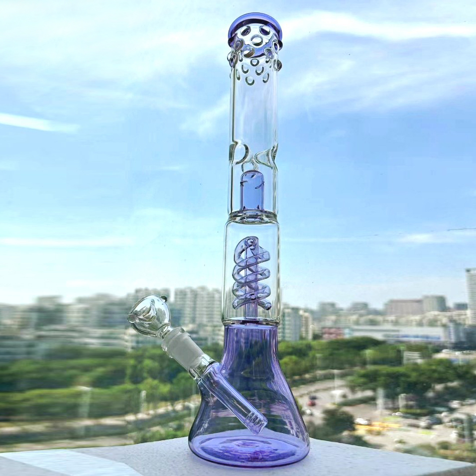 14.6inches Tall Glass Hookah Bongs with Coil Percolator Downstem Purple Blue Water Pipe Helix Coil Glass Bubbler Spiral Smoking Shisha 14mm Bowl