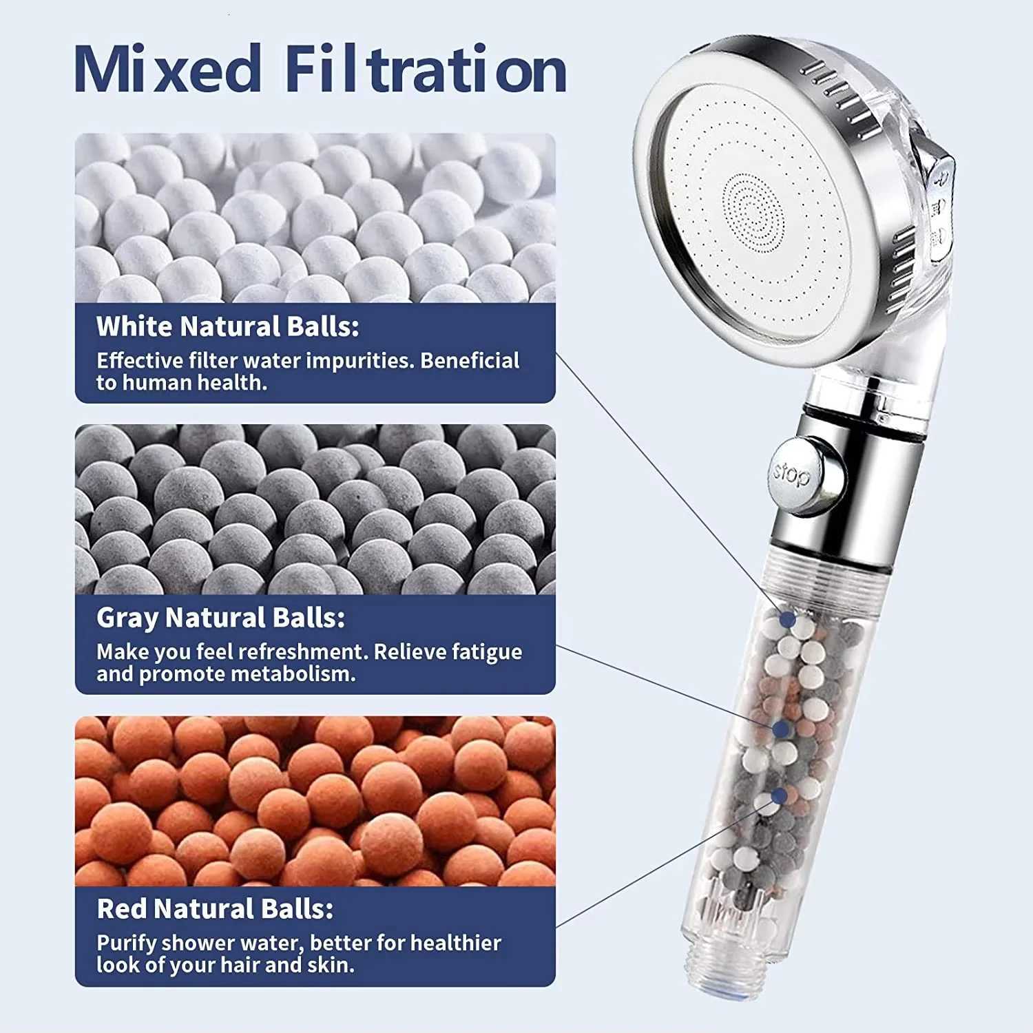 Mineral Balls 3 Modes High Pressure Shower Head with On/Off Switch Filter Water Saving Handheld Showerheads Bathroom AccessoriesM251120