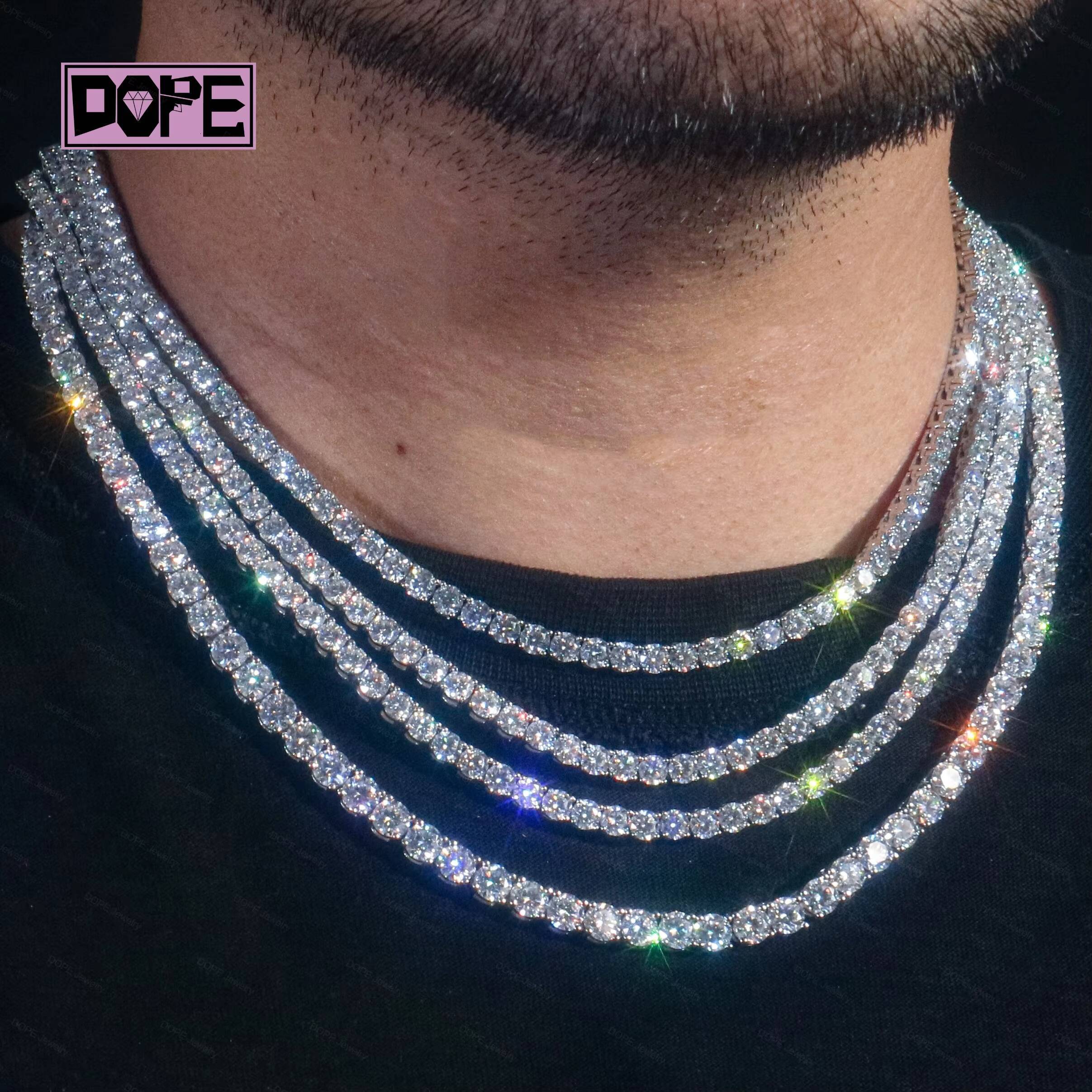 Factory 3mm Moissanite Chain Highest Quality Hip Hop 925 Silver Iced Necklace VVS Diamond Moissanite Tennis Chain