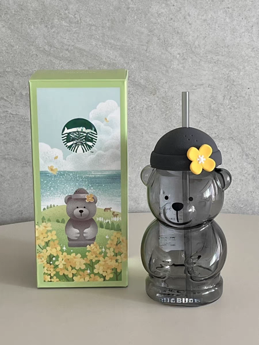 Green Teddy Bear Straw Cup Cute Christmas Gift Black Teddy Bear Glass Cup Cartoon Coffee Cup Milk Cup 591ML