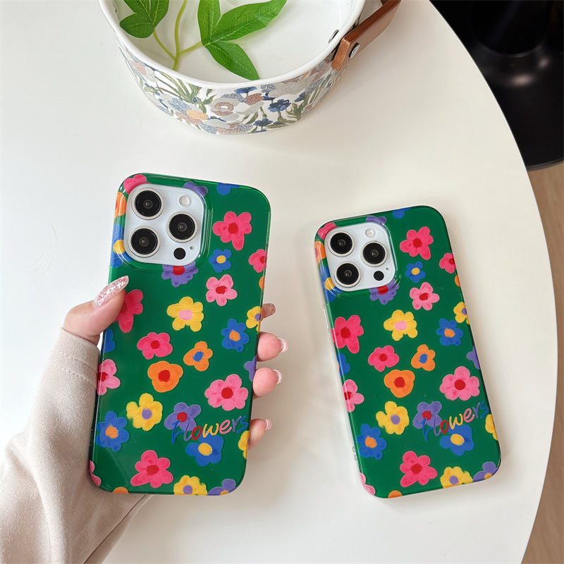 Summer Green Background Colorful Flowers Compatible with iPhone 16 iPhone 15 Pro Max/14/13 Phone Case New Style Personality