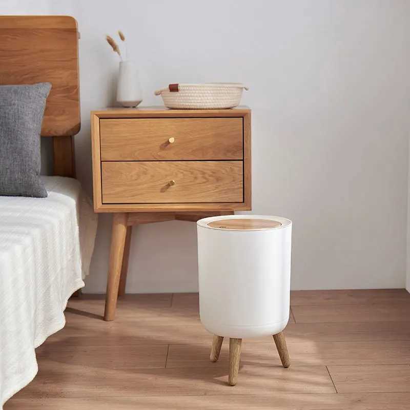 Household Creative Press-Type Living Room Toilet Bathroom High-Leg Imitation Wood Grain Trash Can with Lid C251120