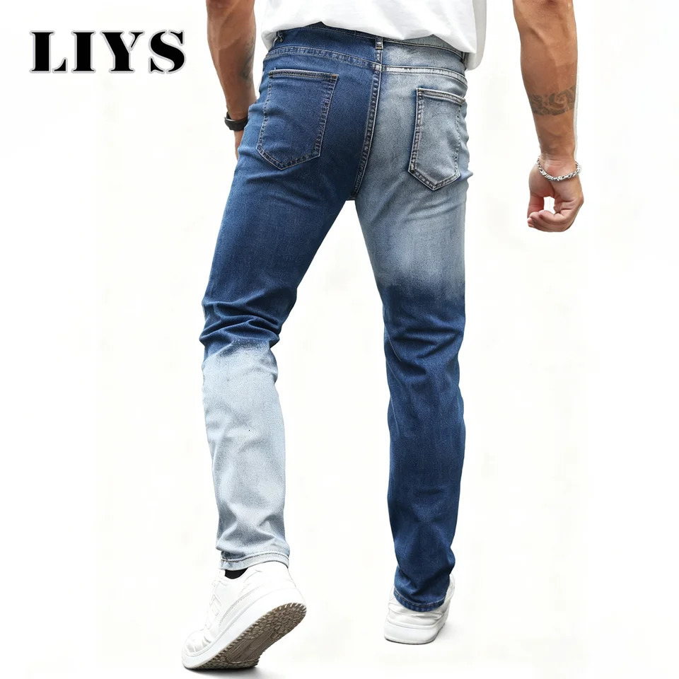 Mens Personalized Street Color Blocked Patchwork Jeans Straight Slim Denim HighQuality Four Seasens Elastic Pants 251218