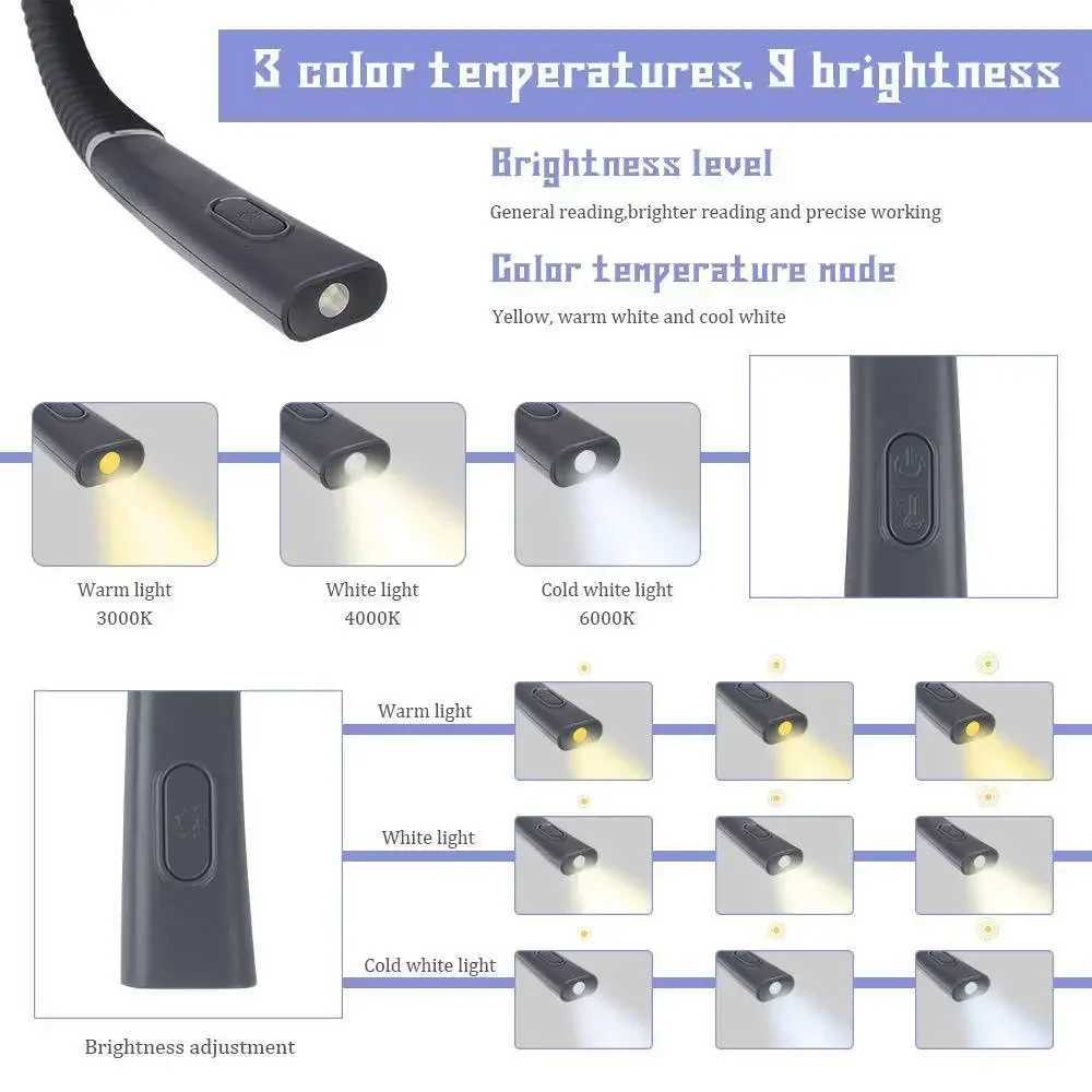 Neck Reading Light Novelty Flexible Neck Lights Handsfree Book Light Hanling Read Lamp Portable USB Rechargeable Book Lighting M251120
