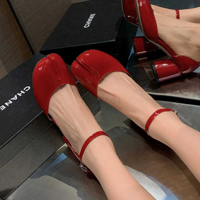 Red patent leather sliding toe shoes luxury brand designer Tabi shoes elegant high H Fem Fion party dress text pump Z250420