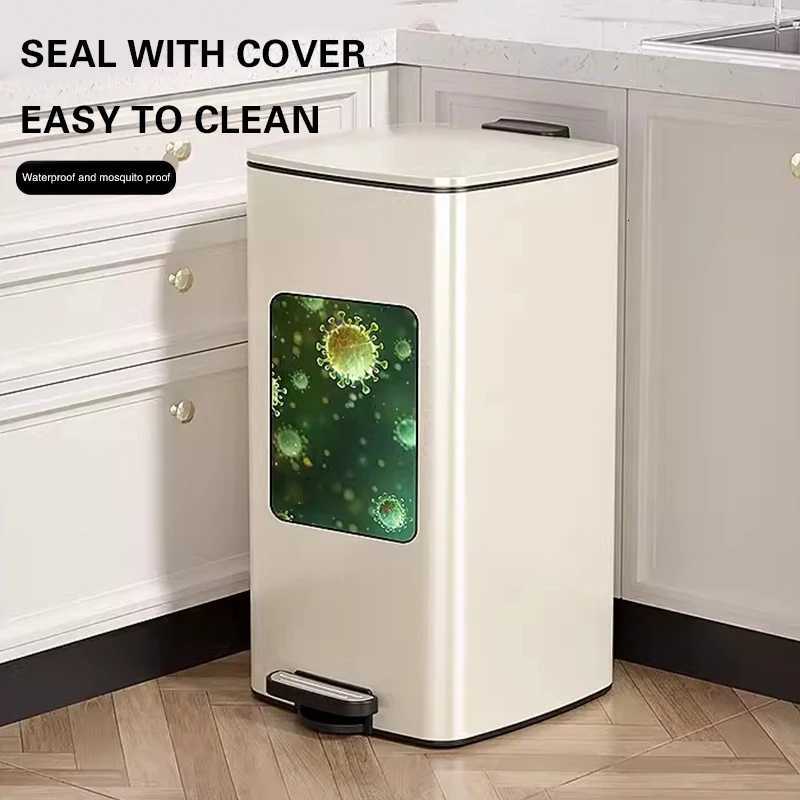 6L Square Thin Lid Trash Can Stainless Steel with Double Inner Outer Buckets for Living Room Kitchen and Office Storage C251120