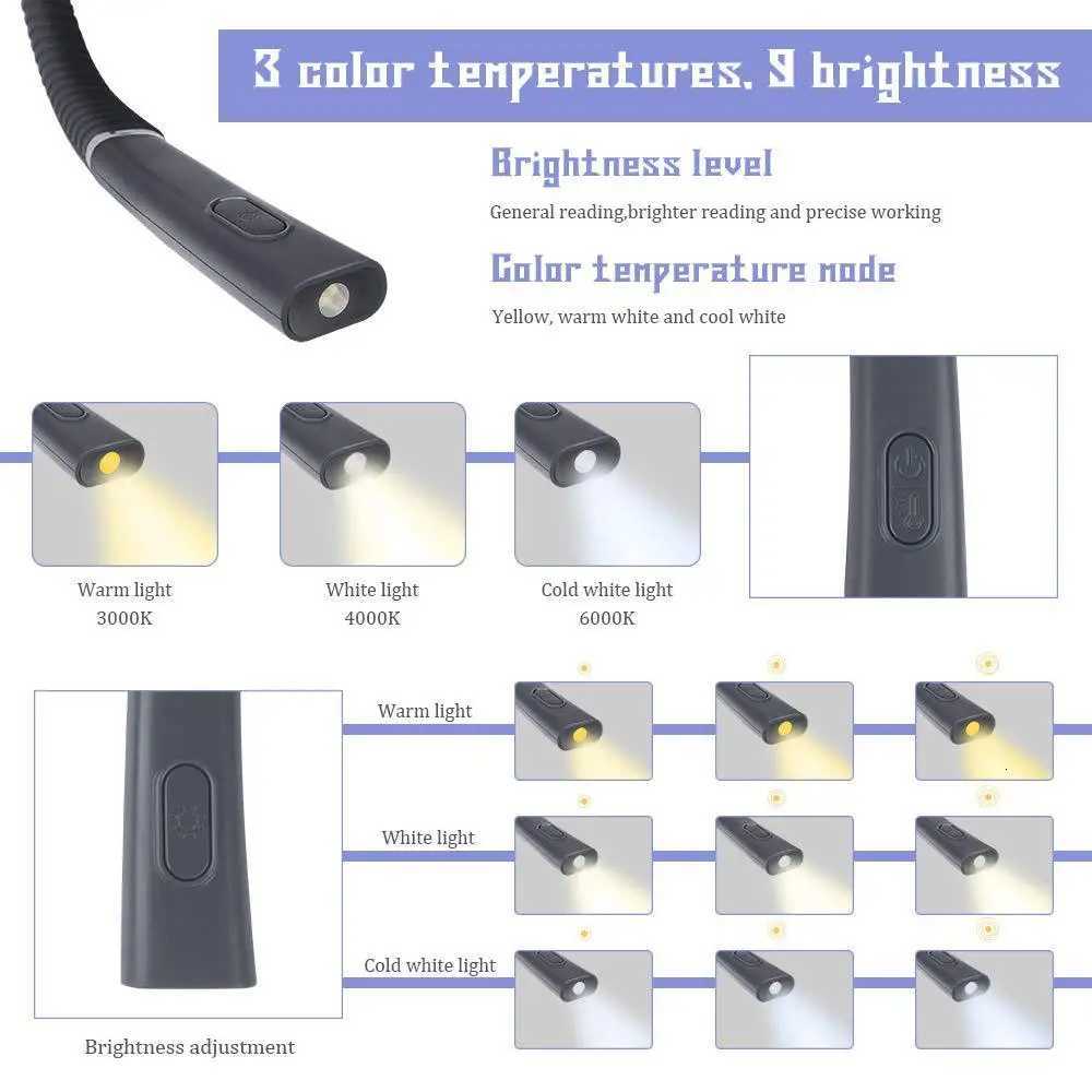 Night Reading LED Lighting Book Light Folding Double Headed Portable Tricolor Hanging Neck Reading Light Protecting Vision M251120