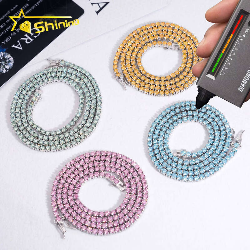Pass Tester Hip-Hop 3mm 4mm Blue Green Pink Gold Sier Chalcedony Tennis Chain