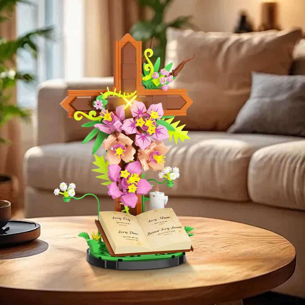 MOC Christianity Cross Flower Bouquet Building Blocks Model Sacred Bible Tulip Flowers Plant Bricks Assembly Toys Kids DIY Gifts W251120