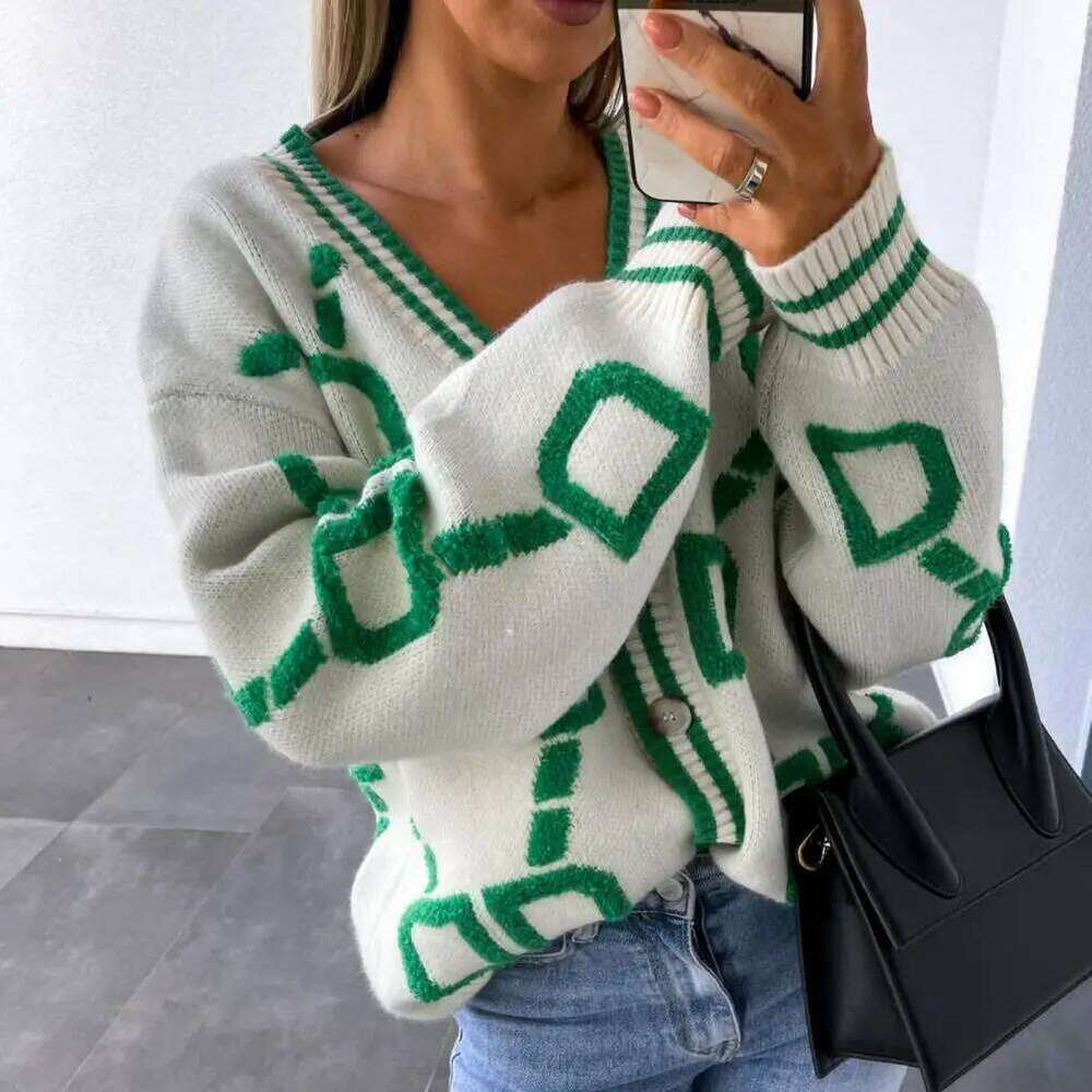 Women Cardigan Green Striped Pink Knit Button Lady Cardigans Sweaters V-Neck Loose Casual Autumn Winter Fashion Knitted Coat