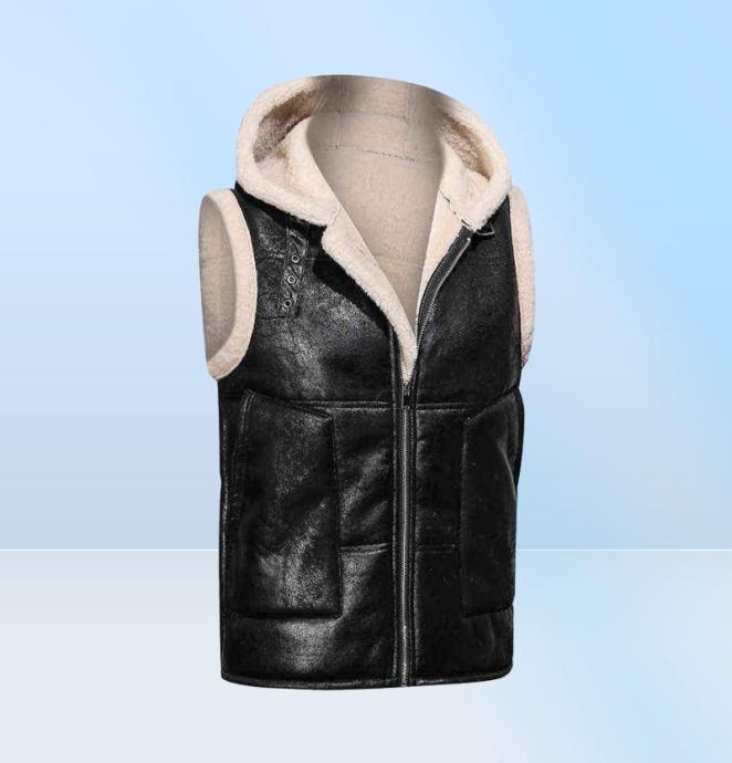 Men Autumn And Winter New Vest Faux Fur Solid Color Zipper Hooded Pu Leather Vest J22072252364444870829