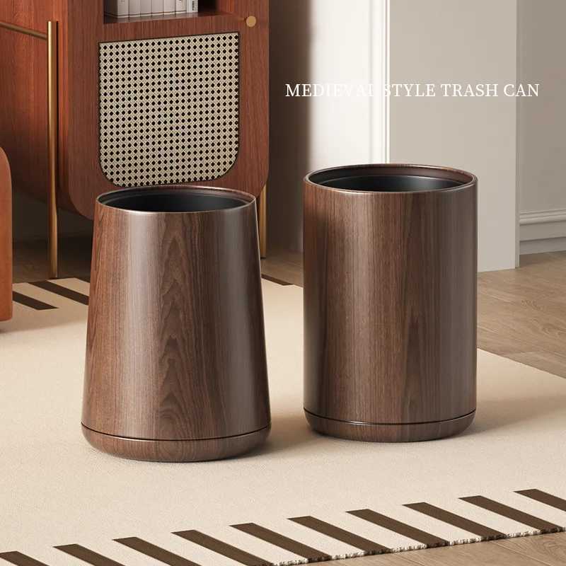 Leasylife Vintage Trash Can Walnut Wood Pattern WasteBasket Metal Body Household Garbage Can for Bathroom Living Room Home C251120
