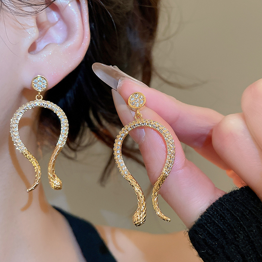 14k Real Gold Plated Zircon Snake Light Luxury High-end European and American Cross-border Exaggerated Retro Earrings for Women - view 3