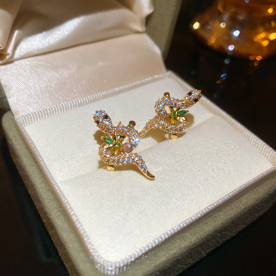 14K Real Gold Plated Silver Needle Oil Drop Zircon Snake Light Luxury High-end Earrings Design Sense Niche Ear Jewelry - view 5