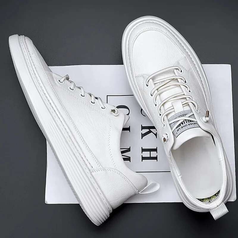 Young Spring and Autumn Casual Leather Men All Match Sports White Trendy Shoes Sneakers