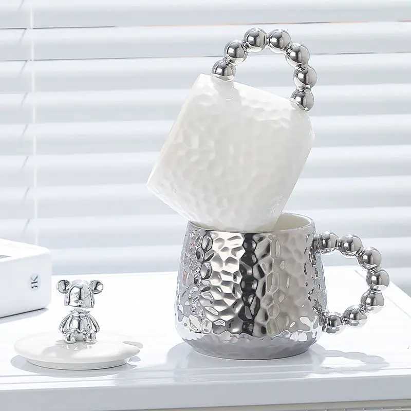 European Style Couple Ceramic Coffee Cup Galvanized Silver Bear Mug Gift Office Teacup Living Room Breakfast Mug Home Decoration T260428
