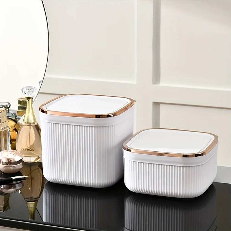 Square Press Type Mini Trash Can Quiet Close Elegant Ribbed Design with Golden Accents Plastic Desktop Bin Bathroom Home Use C251120