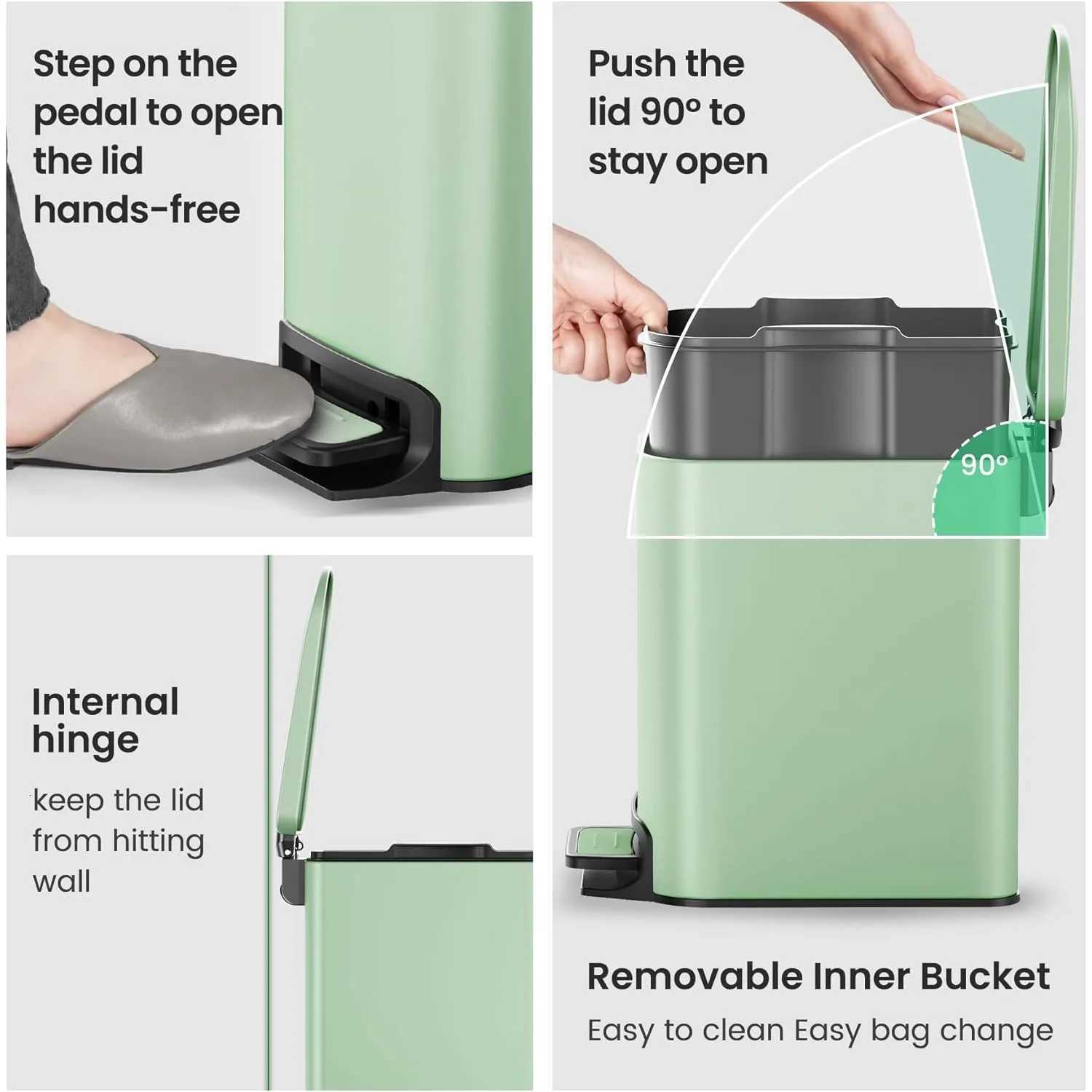 Small bathroom trash can with lid soft lid foot pedal 6 liters/16 gallons stainless steel matte green C251120