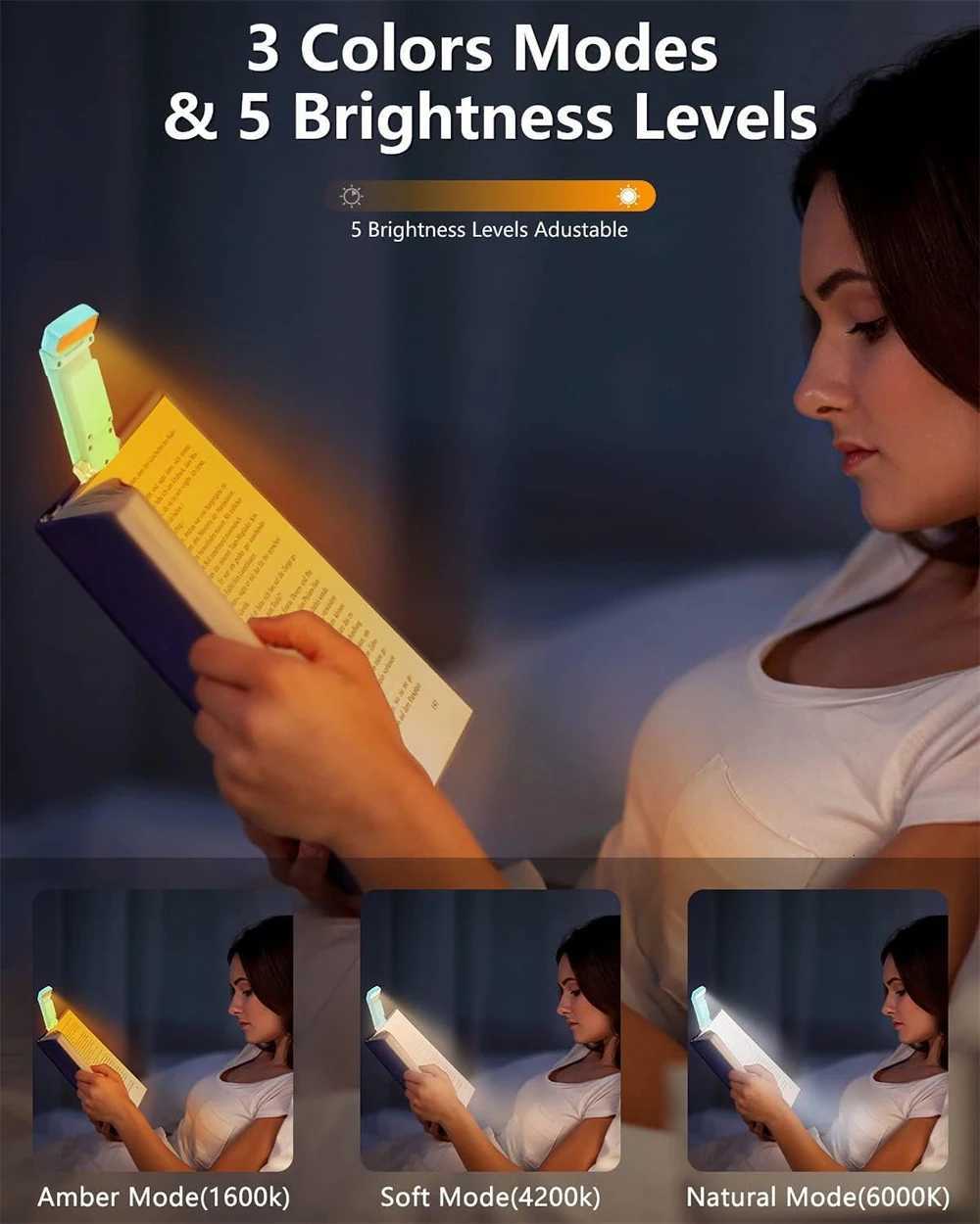 Book Reading Light with Timer Rechargeable Light for Reading in Bed Clip-on Bookmark Lamp 3 Amber Colors 5 Brightness Dimmable M251120