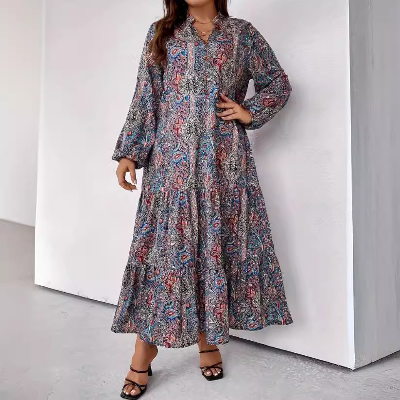 Foreign trade new v-neck printed long skirt autumn and winter new loose large size cross-border dress