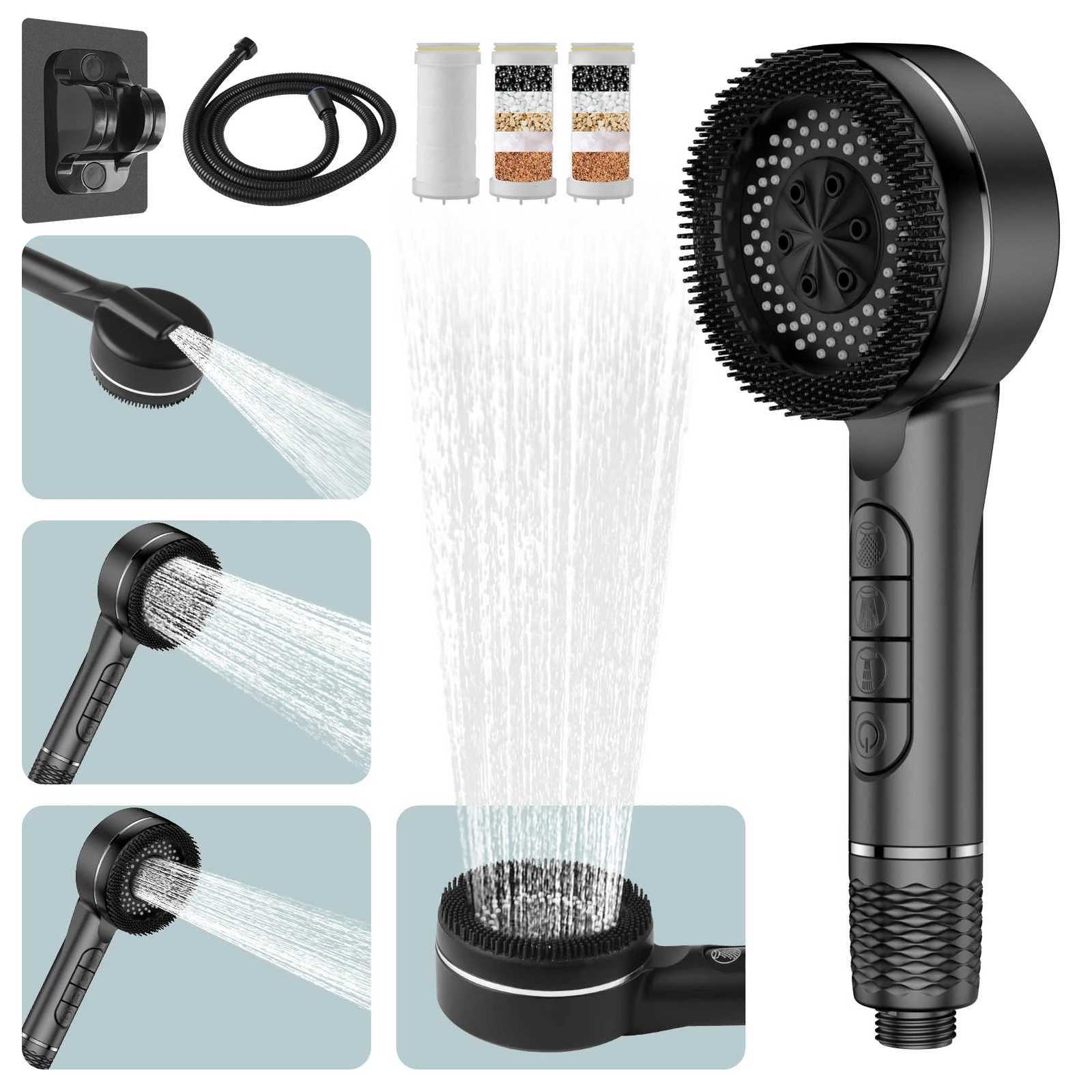 4 Modes Self-cleaning Shower Head with Silicone Brush One-Key Stop Water Massage High Pressure ABS Showerhead with FilterM251120