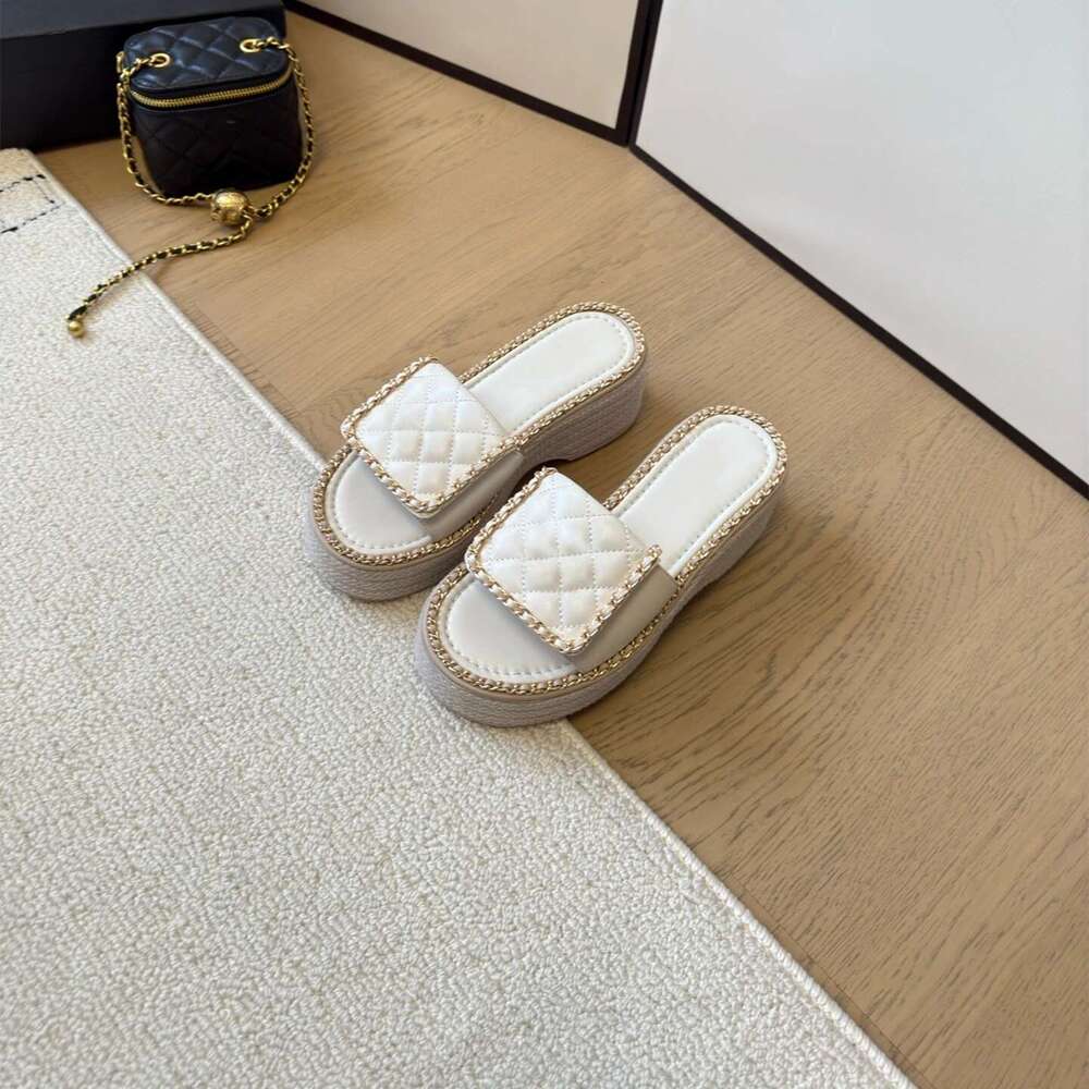 Women Size34-41 Genuine Leather Slipper High Heels Chain Summer Slides Flat Platform Designer Shoes atillas De Mujer