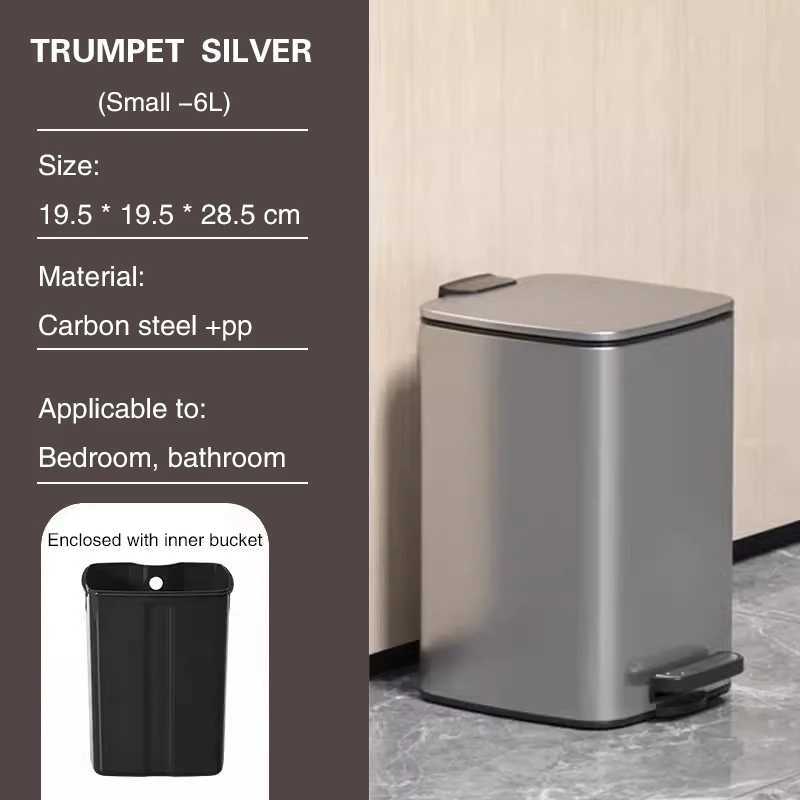 6L Square Thin Lid Trash Can Stainless Steel with Double Inner Outer Buckets for Living Room Kitchen and Office Storage C251120