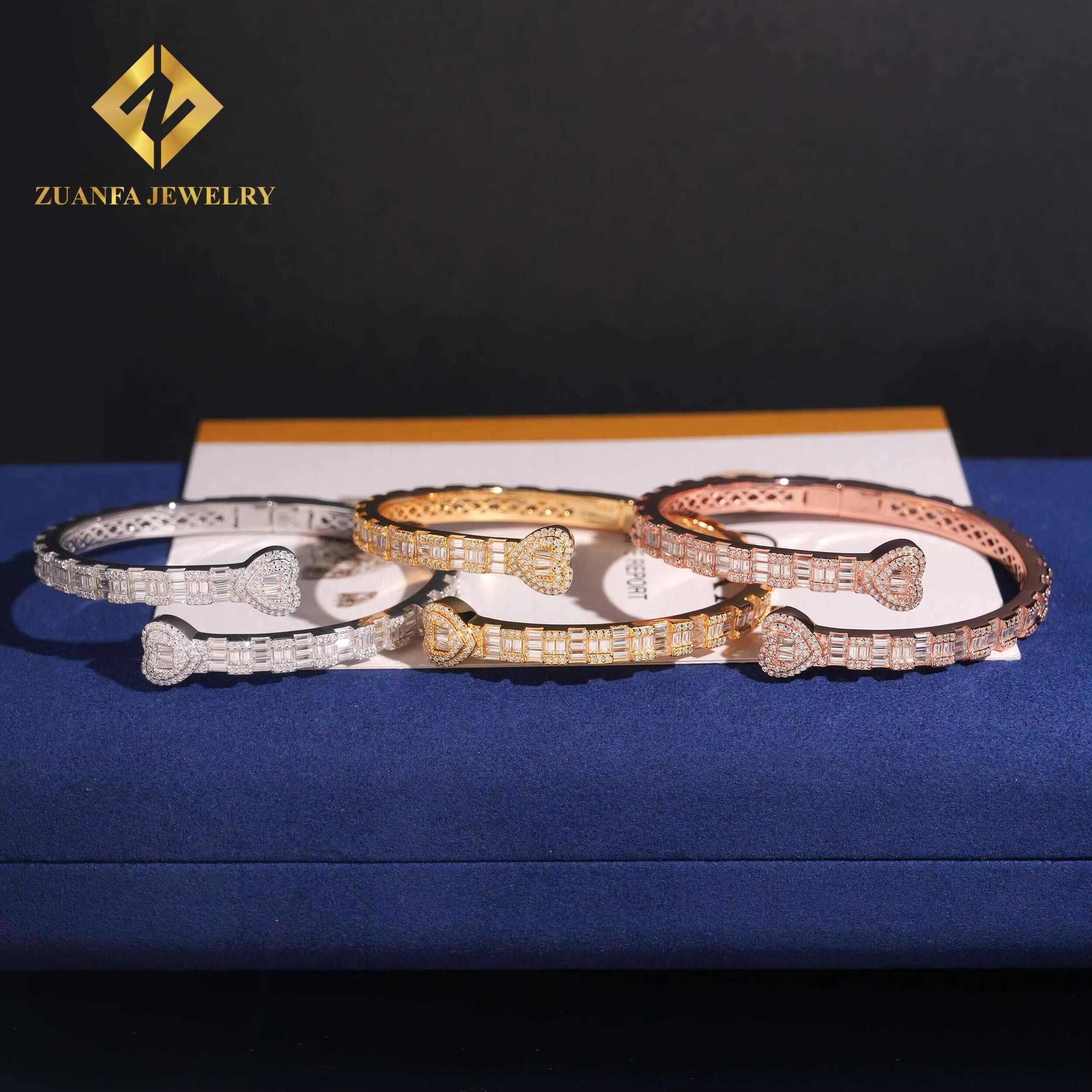 925 Sterling Silver Ajustable Openable Double With Heart Bangle Bracelets Baguette Diamond Vvs Moissanite Fashion Hip Hop Men