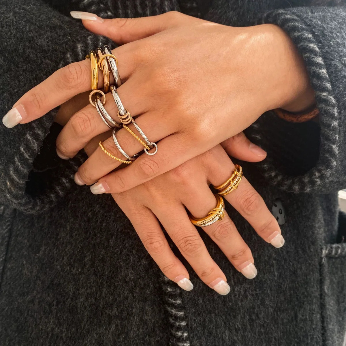 Punk Gold silver Mix Color Stackable Rings Non Tarnish 18k Gold Plated Multi -link Connected CZ Zircon Ring Set Dainty Jewelry 250417