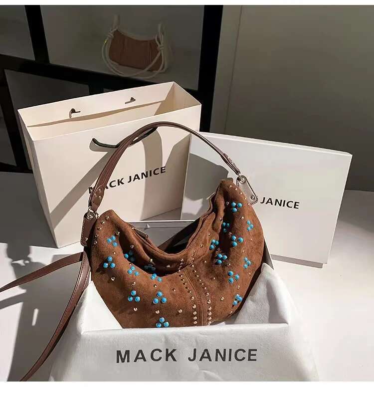 Autumn Winter Veet Fashion Moon Beads Beaded Women's Handbag Lady Purse Female Shoulder Messenger Casual Bag