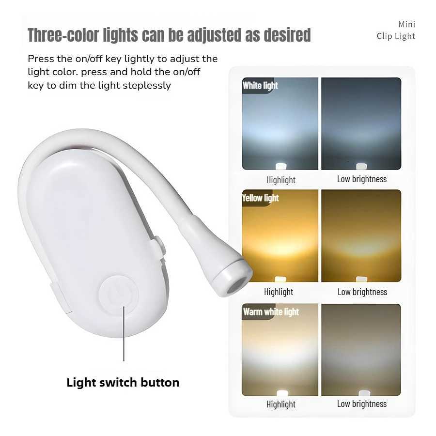 USB LED Book Reading Lamp Rechargeable Lamp 3 Color Mini Eye Protection Adjustable Clip 360 Flip Study Light For Travel Bedroom M251120